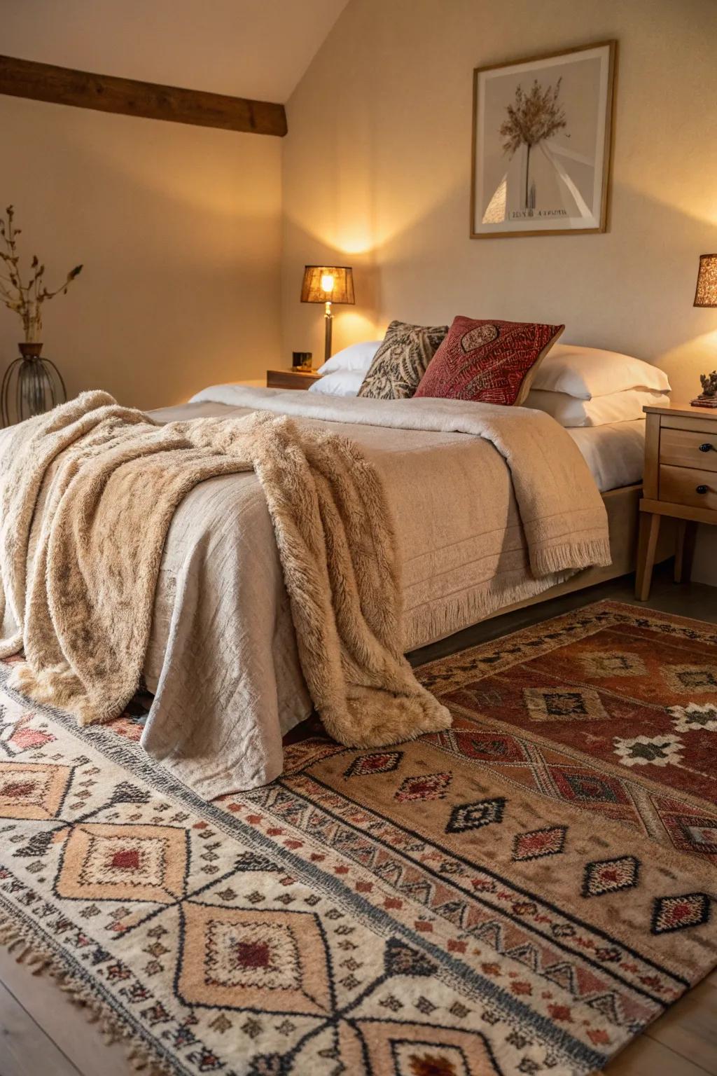 Assorted fabrics provide comfort and flair to this bedroom.