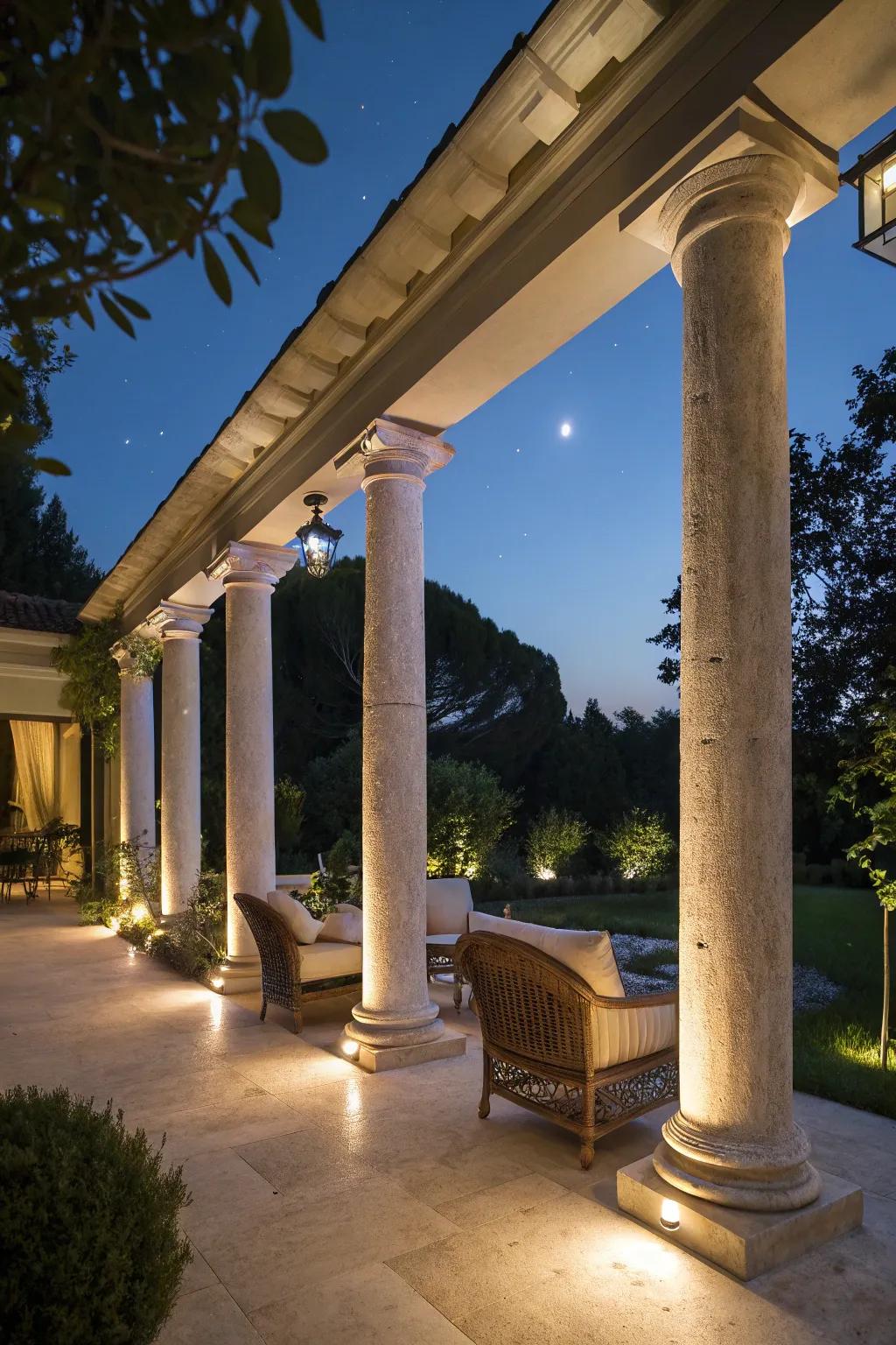 Radiant columns cast a cozy glow on an elegant outdoor patio.