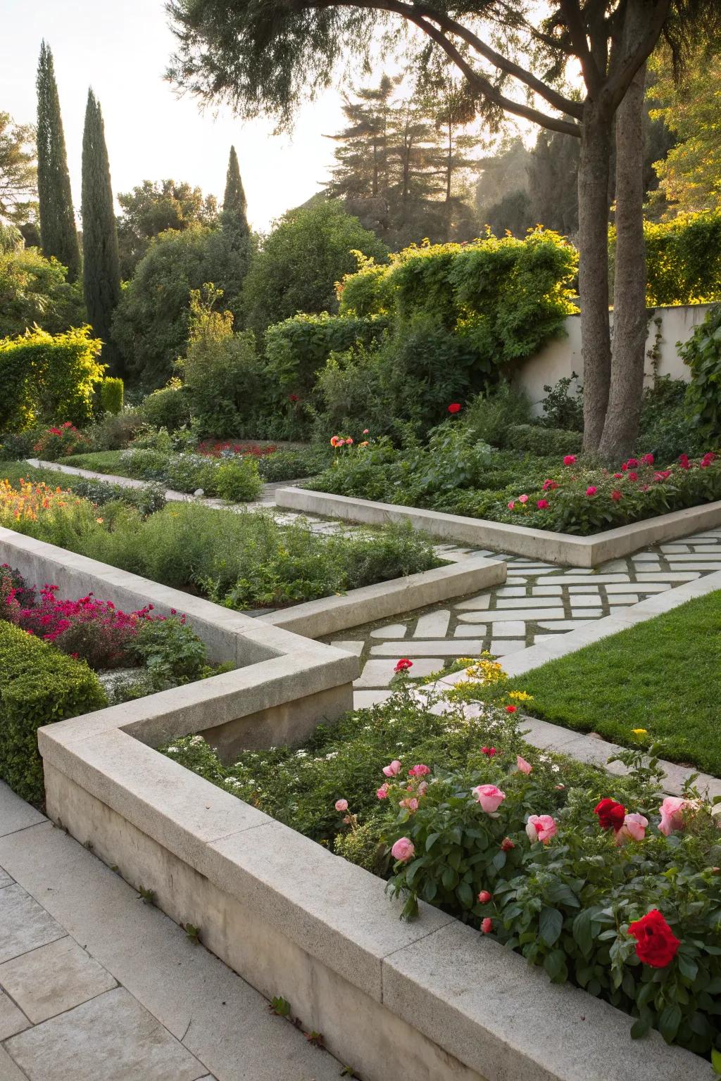Geometric layouts add a modern flair to concrete borders.
