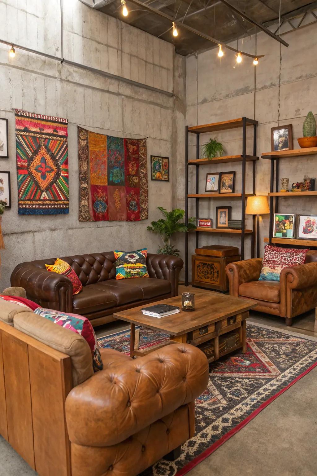 Diverse decor animates exposed walls with rich textures.