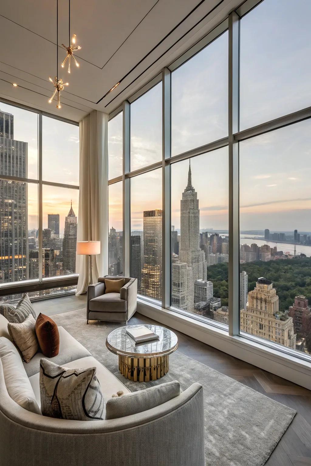 An upscale condo featuring a seating arrangement that faces expansive windows, highlighting cityscape views.
