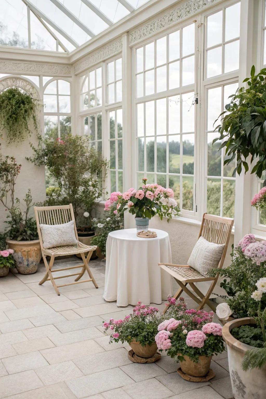 A serene sunroom embellished in gentle, neutral shades.
