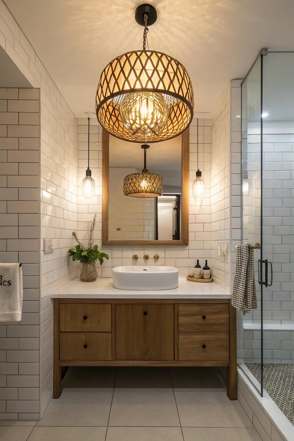 Bathroom with a bold statement illumination fixture.