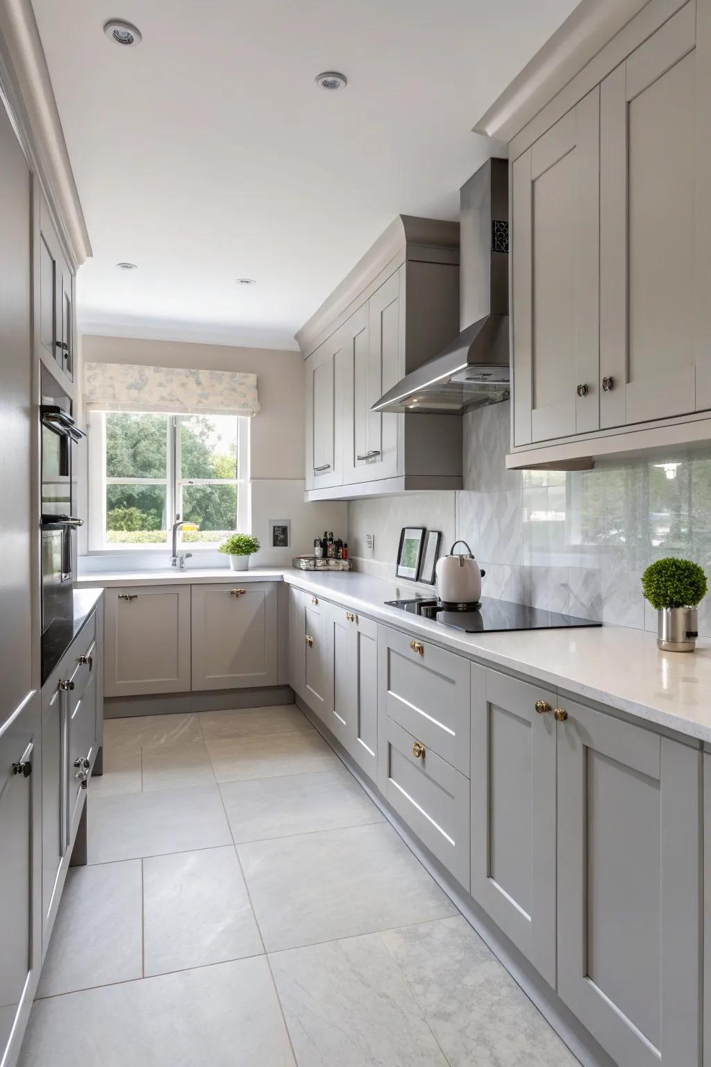 Understated colors establish a serene and modern atmosphere in the kitchen.