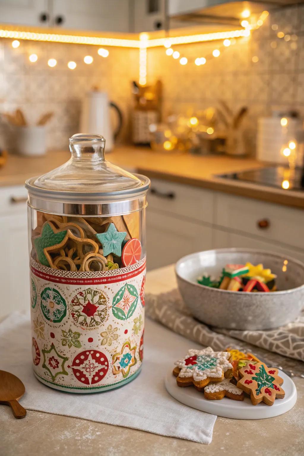 A cookie jar brimming with cookie cutters, injecting charm into the kitchen.
