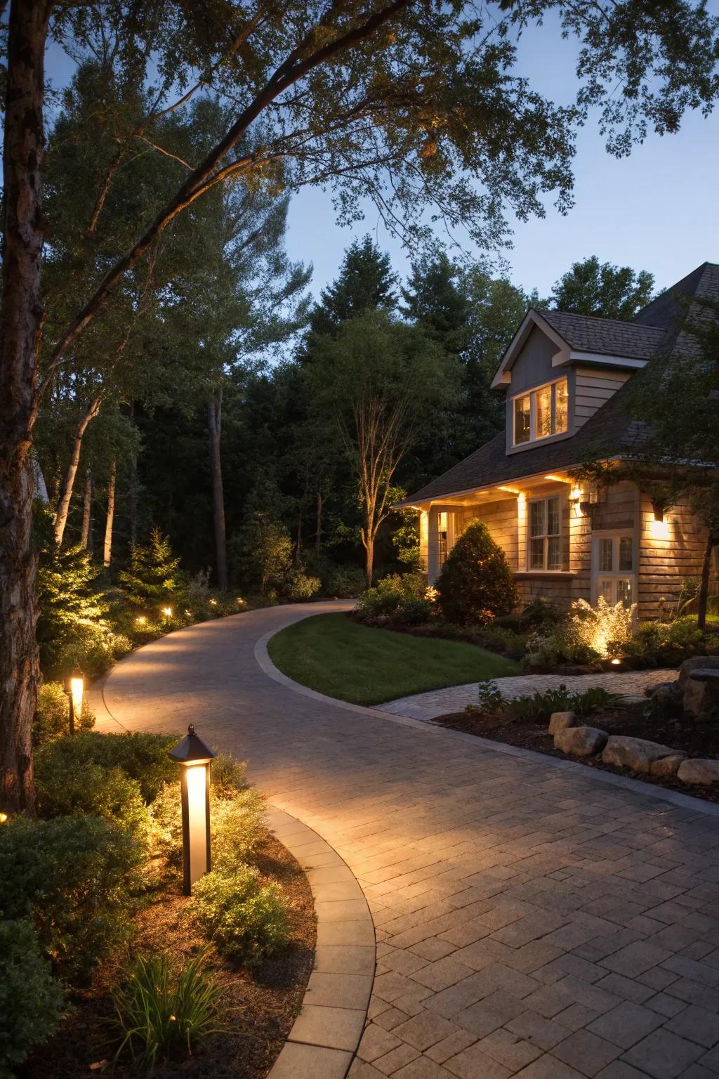 Warm accent lighting creates a cozy atmosphere around a driveway.