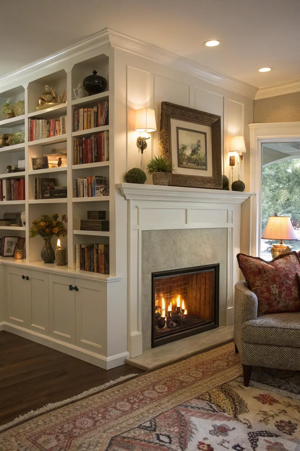 Integrated shelving surrounding a corner fireplace for increased function and style.