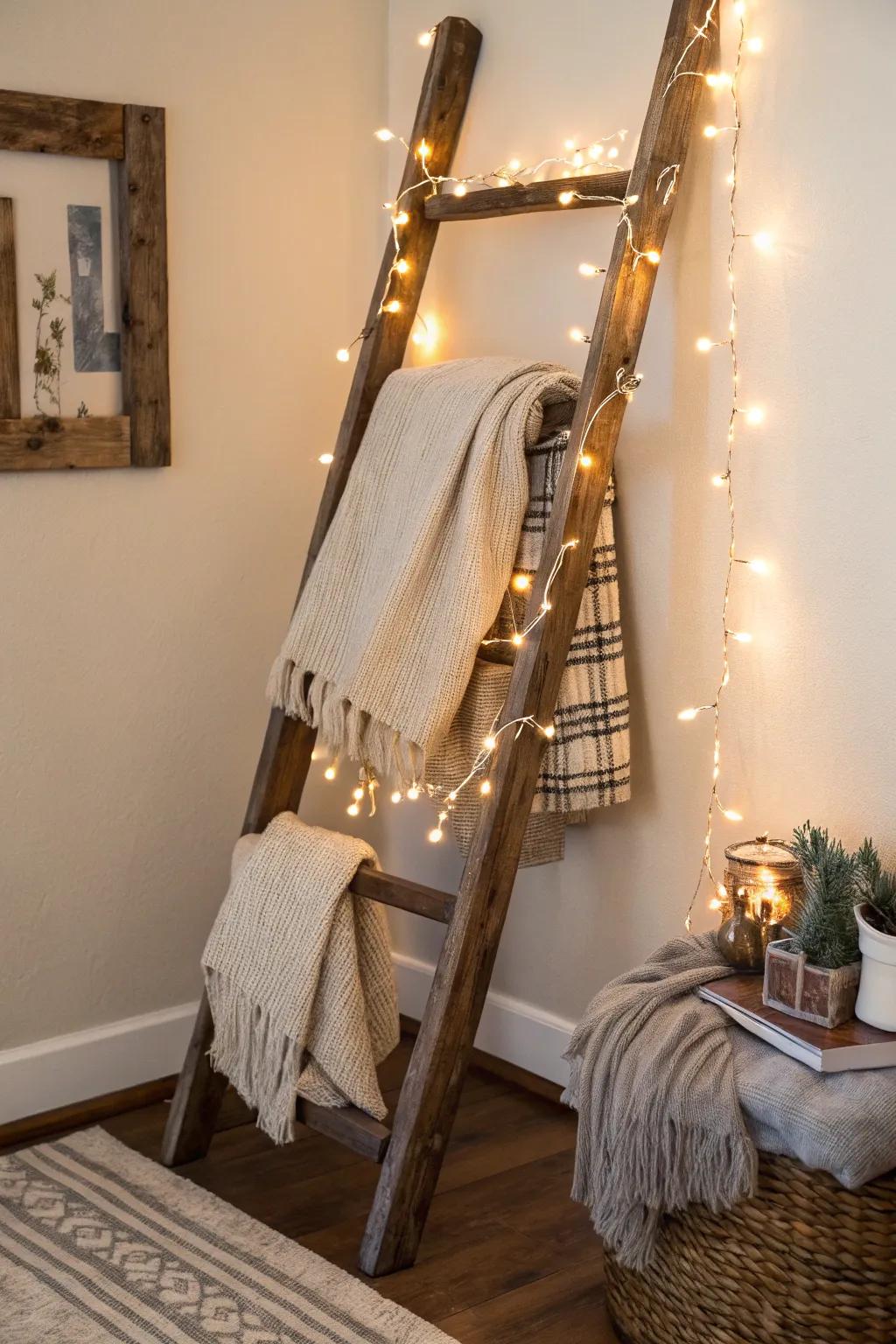 Enrich both charm and utility by incorporating a decorative ladder in your corner.