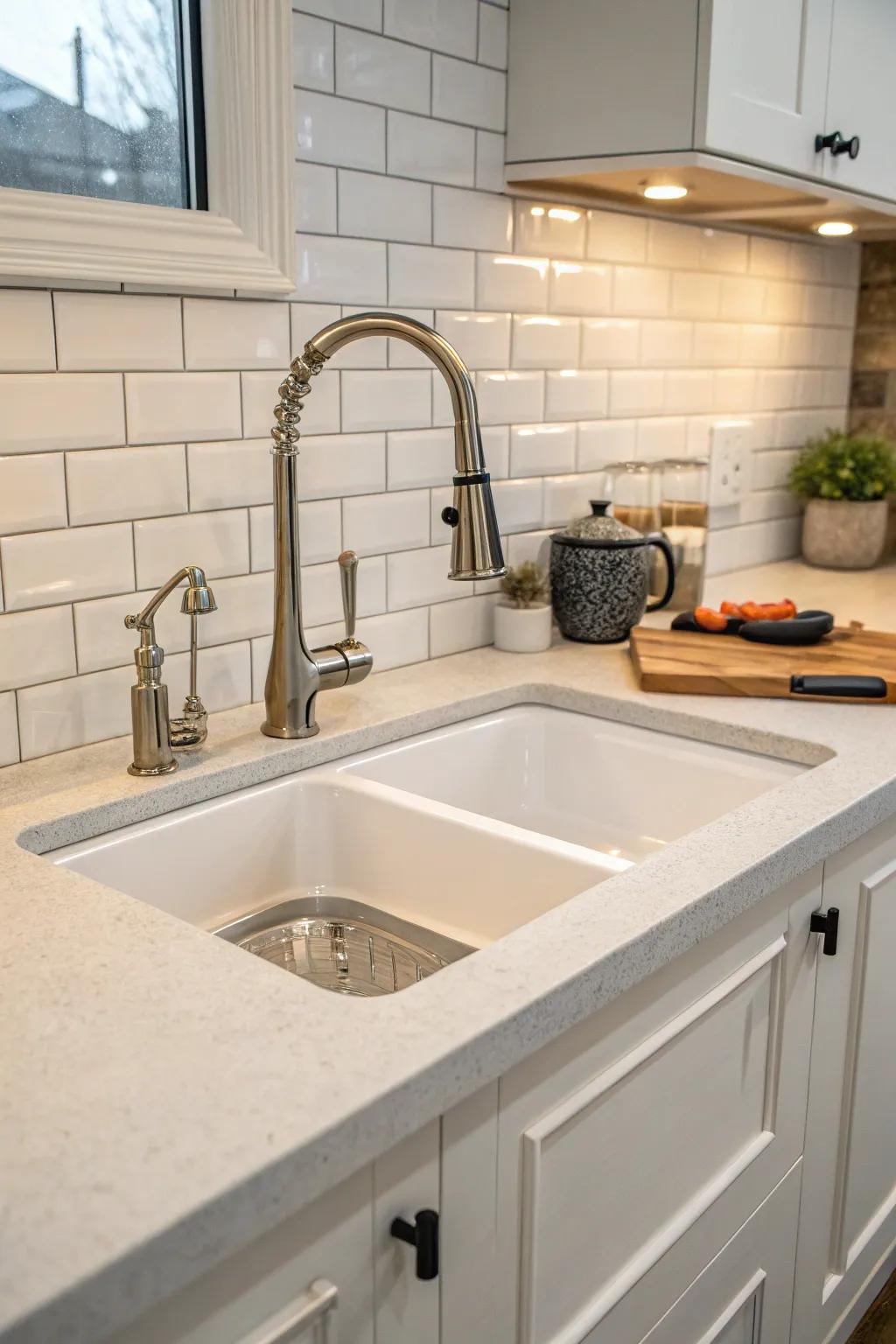 Modern fixtures adding elegance and style to a corner kitchen sink.