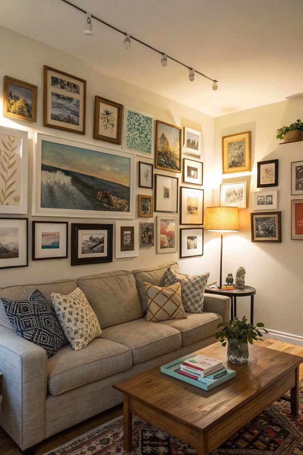 A mini art wall turns a plain corner into an energetic art showcase.