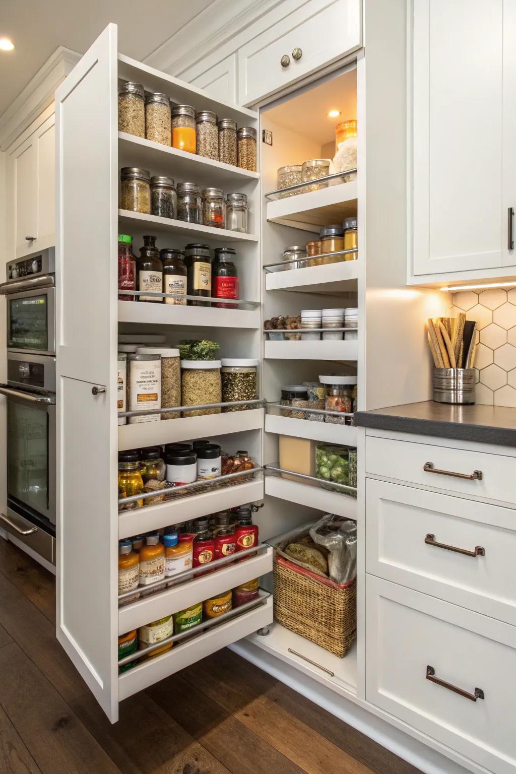 Corner pantry equipped with sliding shelves for easy access.