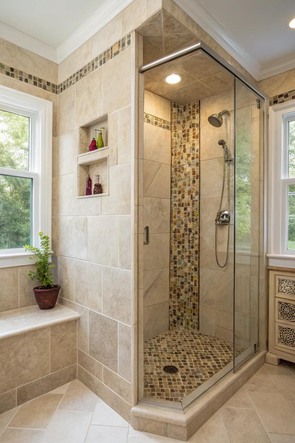 Mosaic tiles bring an artistic touch to your shower area.