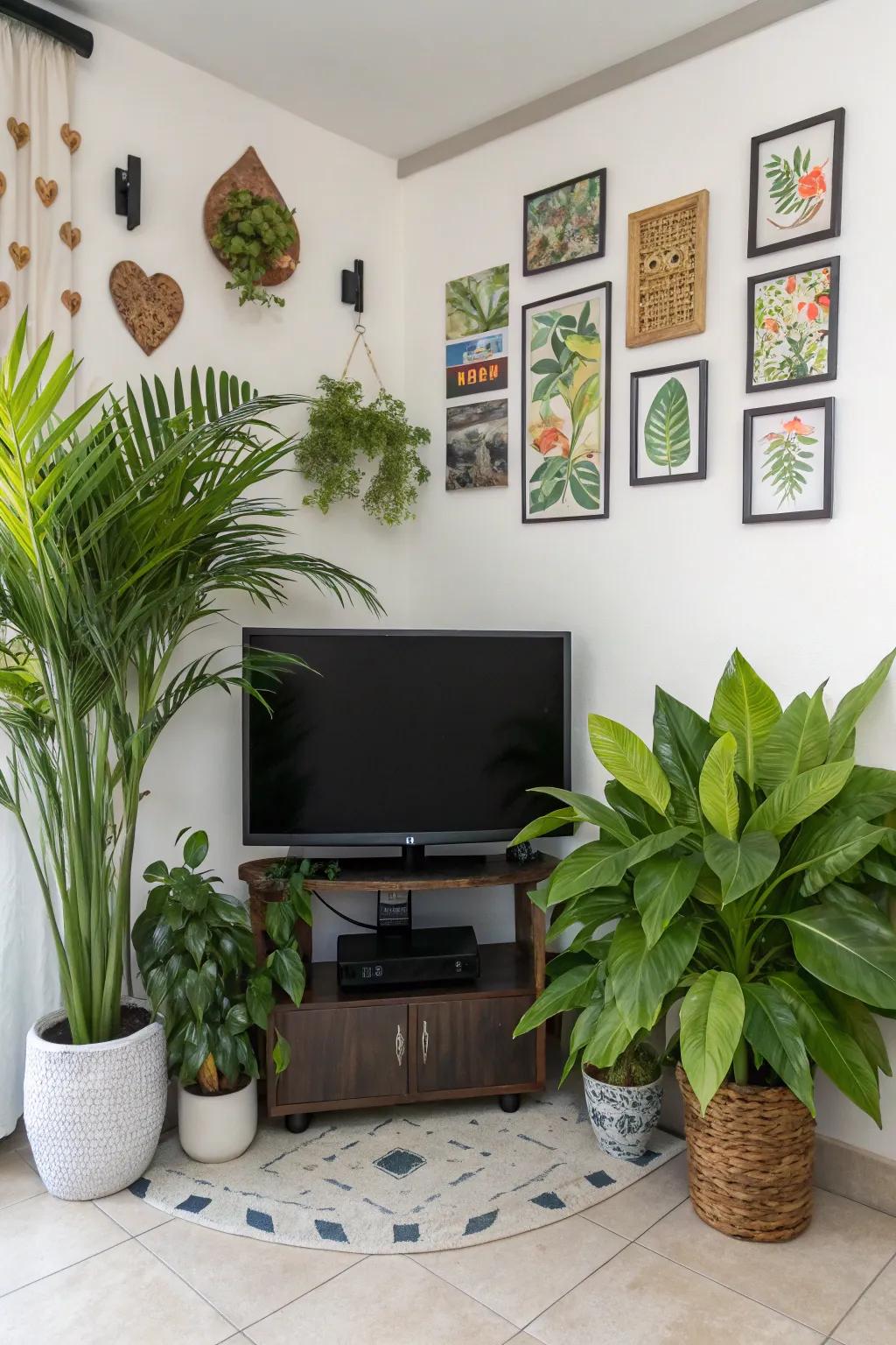 Decorative embellishments add warmth and style to a corner TV area.