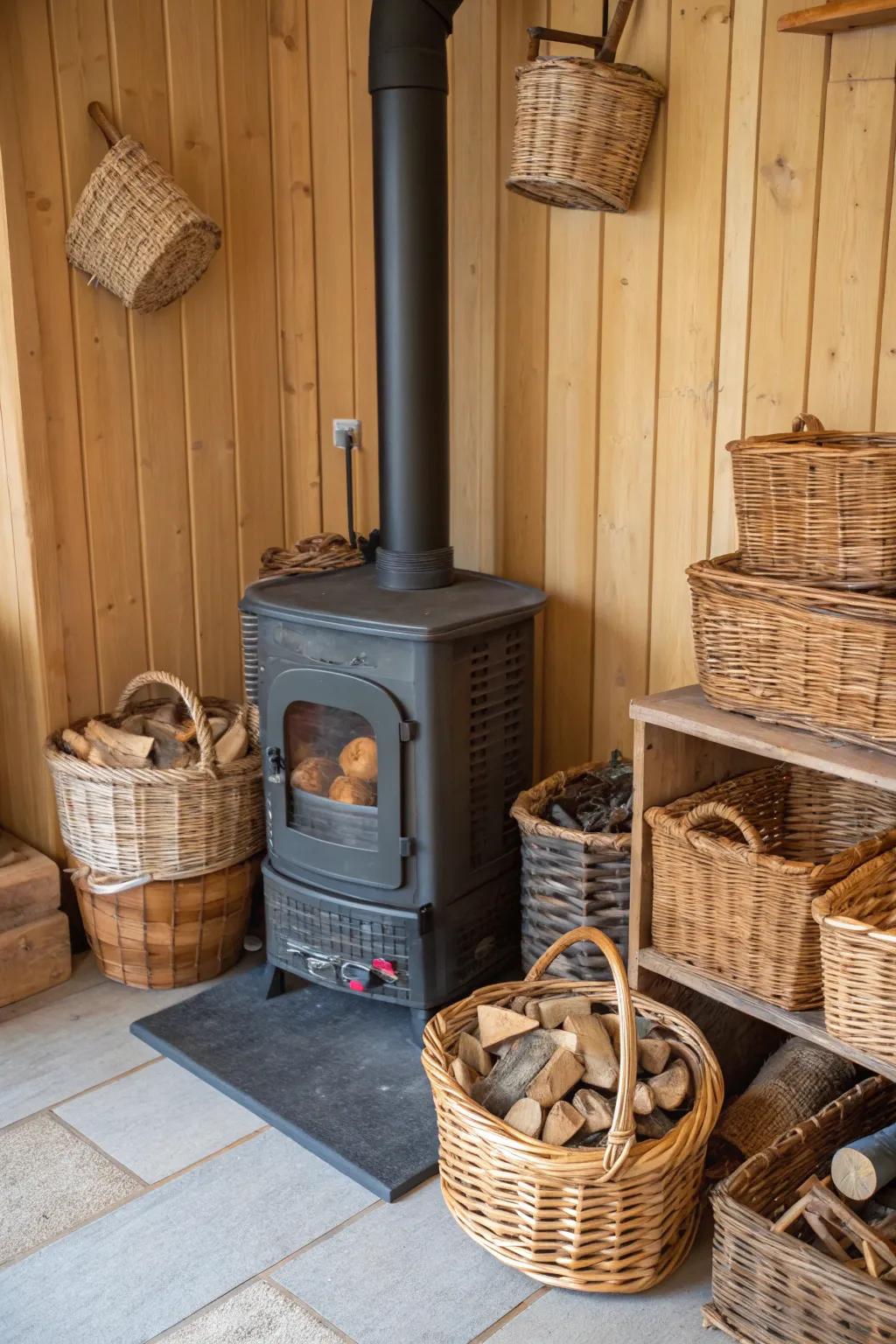 Functional storage upholds a neat and chic heat source space.