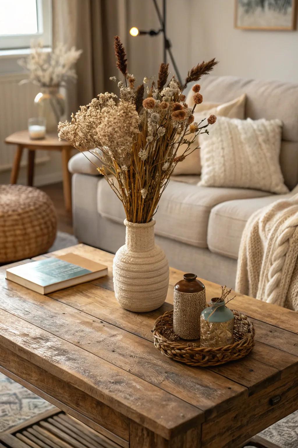 A living space beautifully enhanced with delicate air-dried blooms.
