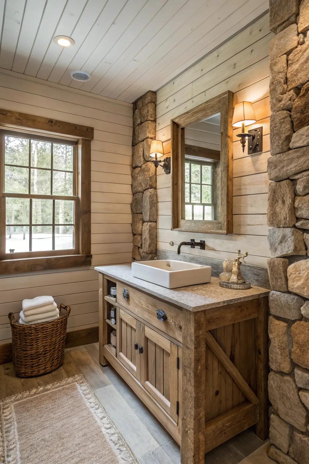 Textured surfaces add charm and individuality to this rustic bathroom.