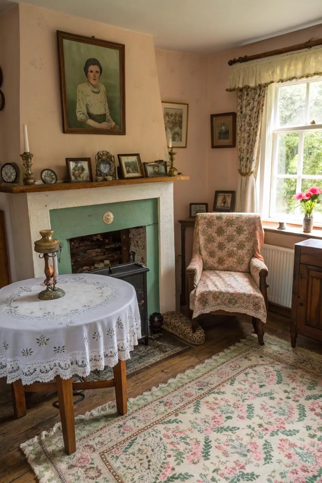 A lounge space enriched with antique and vintage pieces.