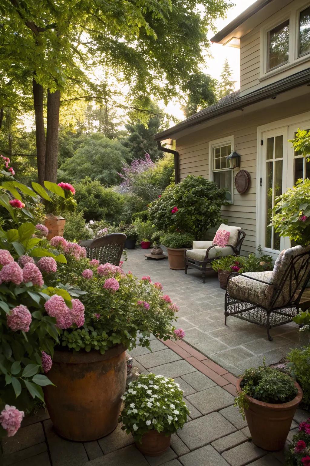 Lush greenery and flowers enhance the natural beauty of the patio.