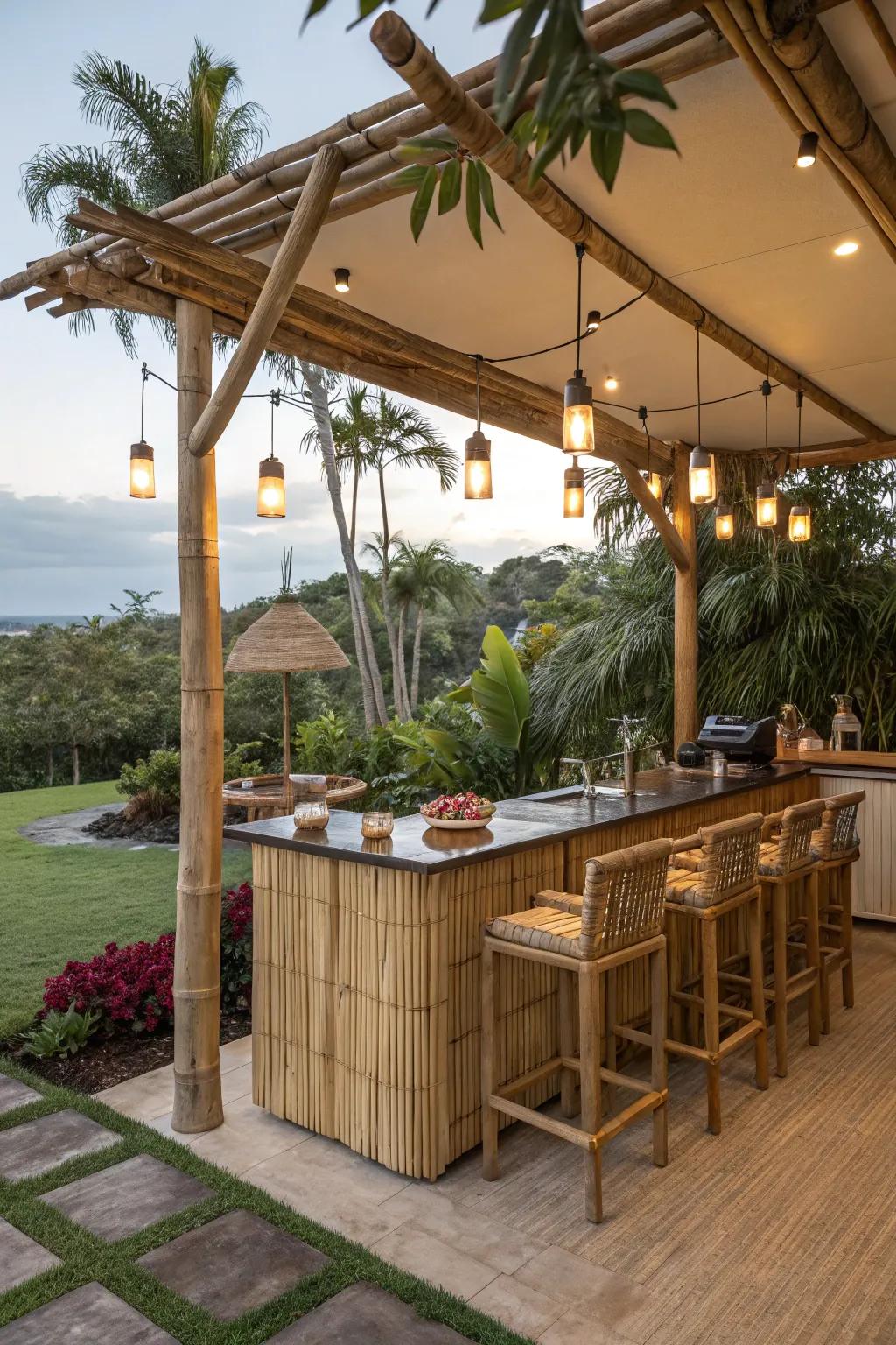 Turn your deck into a tropical getaway with a tiki-style bar vibe.