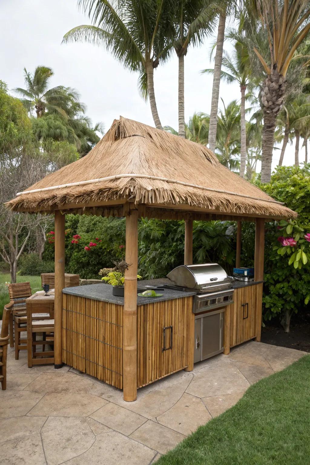 An exotic isle style sanctuary transforming a grilling spot into a leisure area.