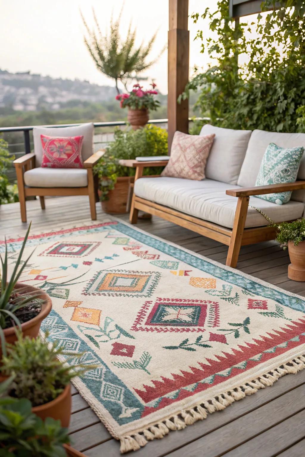 Outdoor rugs incorporate comfort and style.