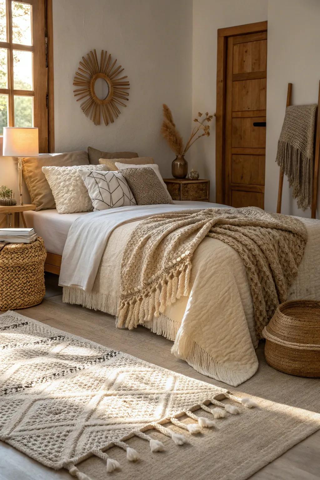 A cozy bedroom highlighted by superimposed understated textures and captivating fabrics.