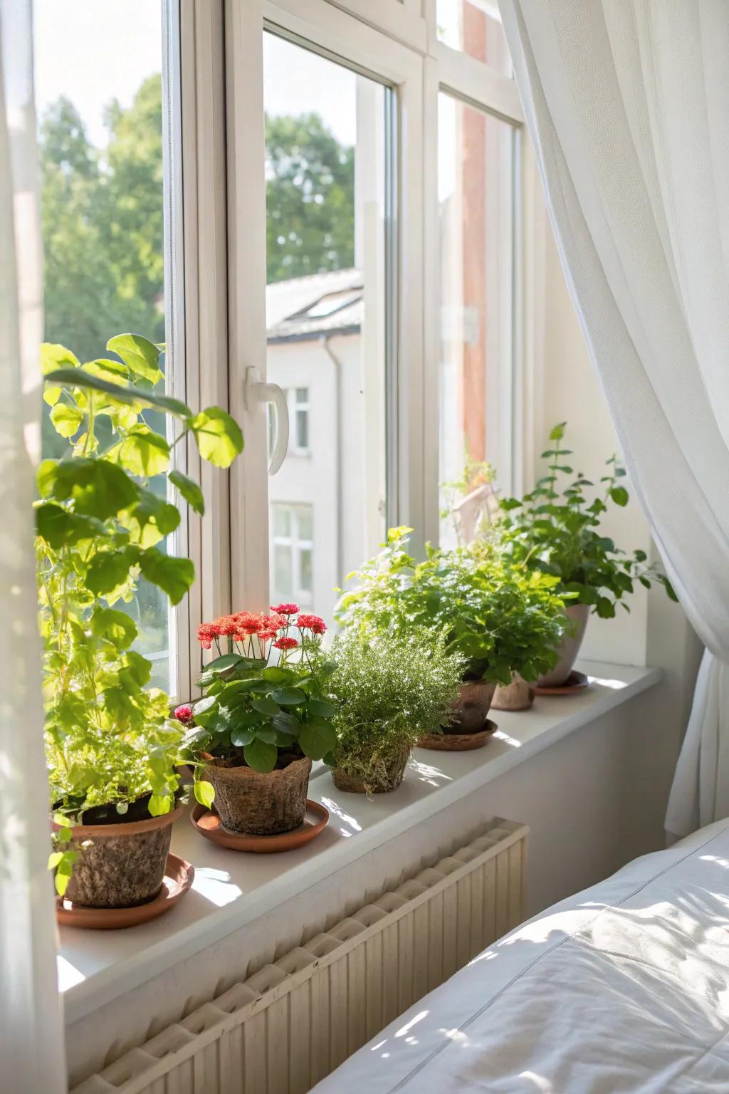 For creating a mini garden with sun-loving plants, windowsills are ideal.
