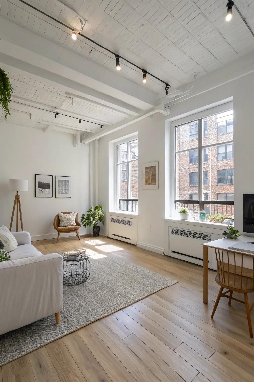 Using light shades to increase space in a studio apartment.