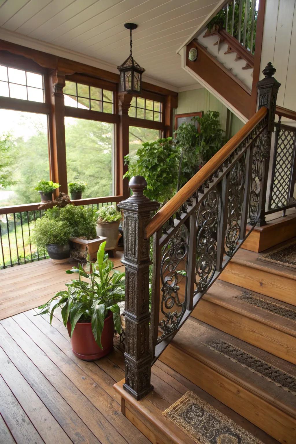 Smooth transition from indoor to outdoor with Craftsman railings.