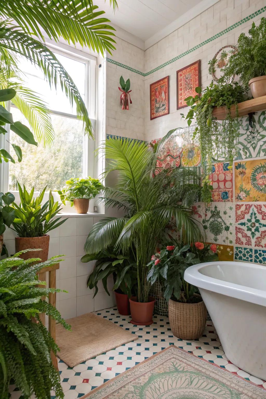 A tropical-themed bathroom flourishing with greenery.