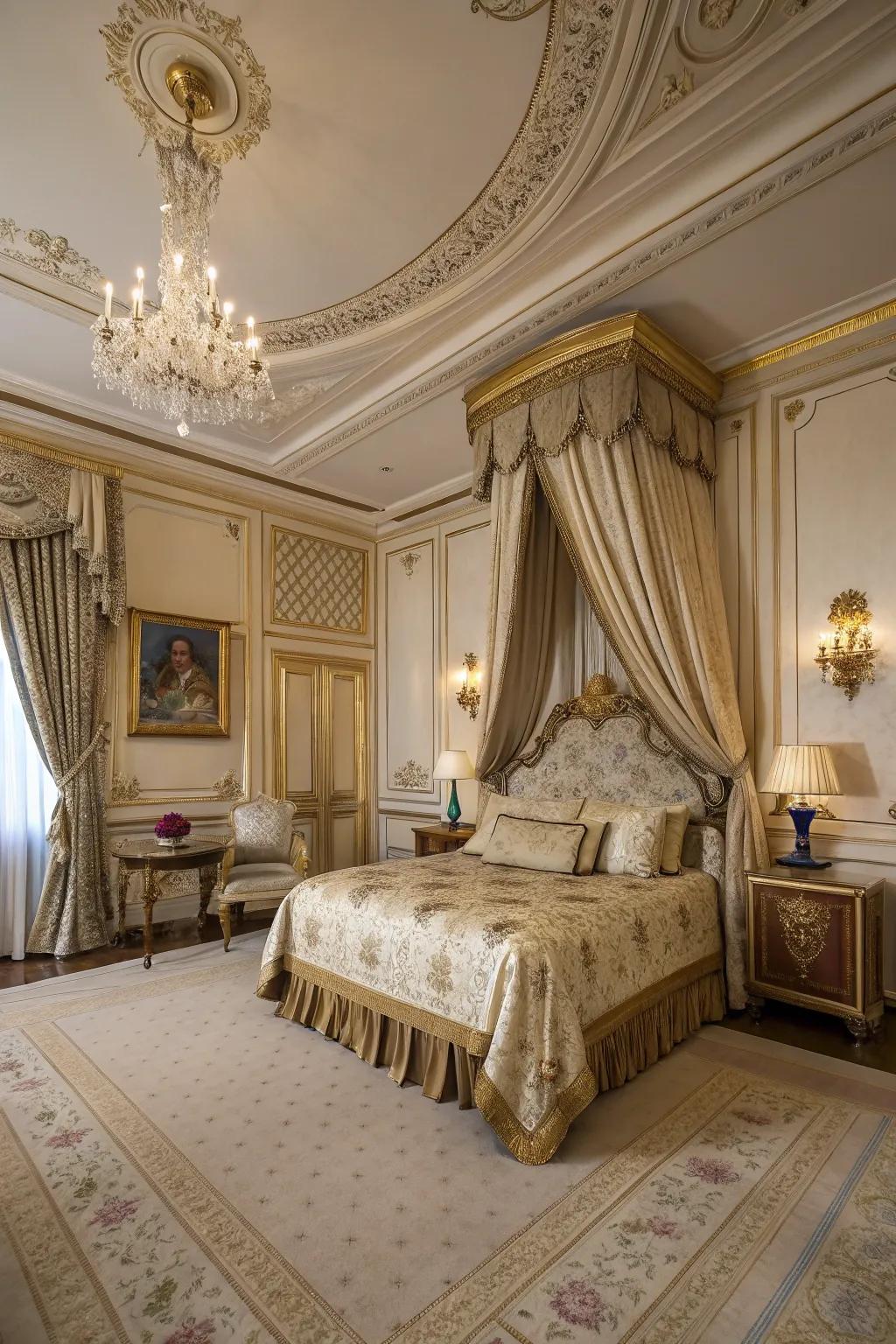 An opulent bedroom with luxurious decor and plush textiles.