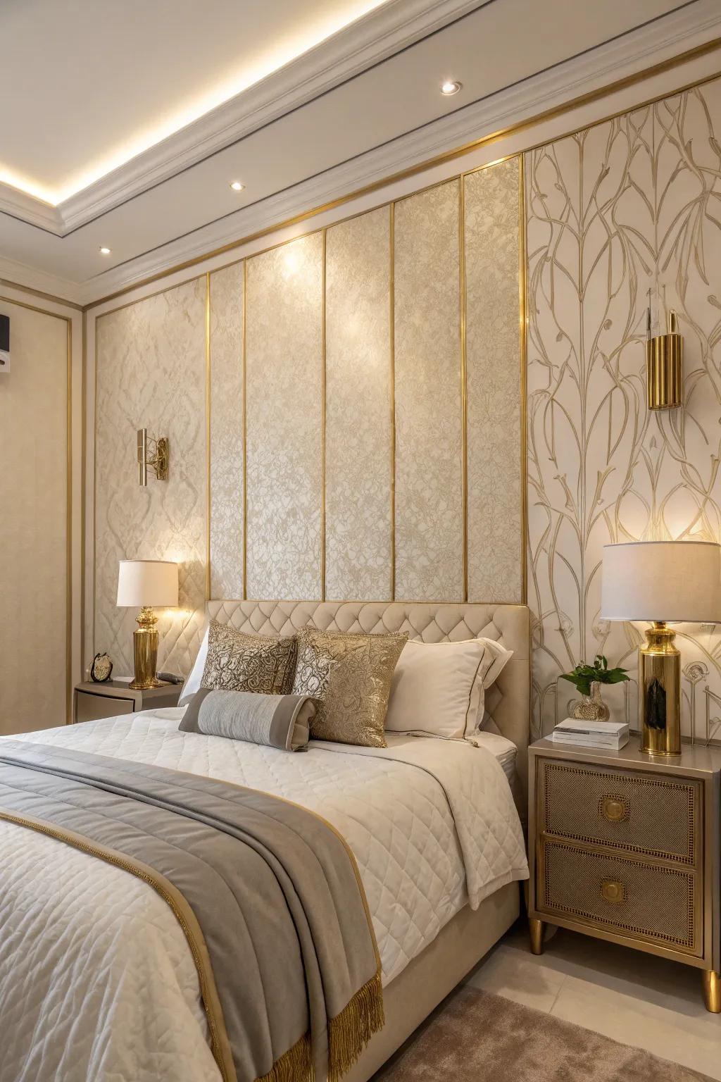 Textured walls with a metallic shimmer enhance the room's depth and elegance.