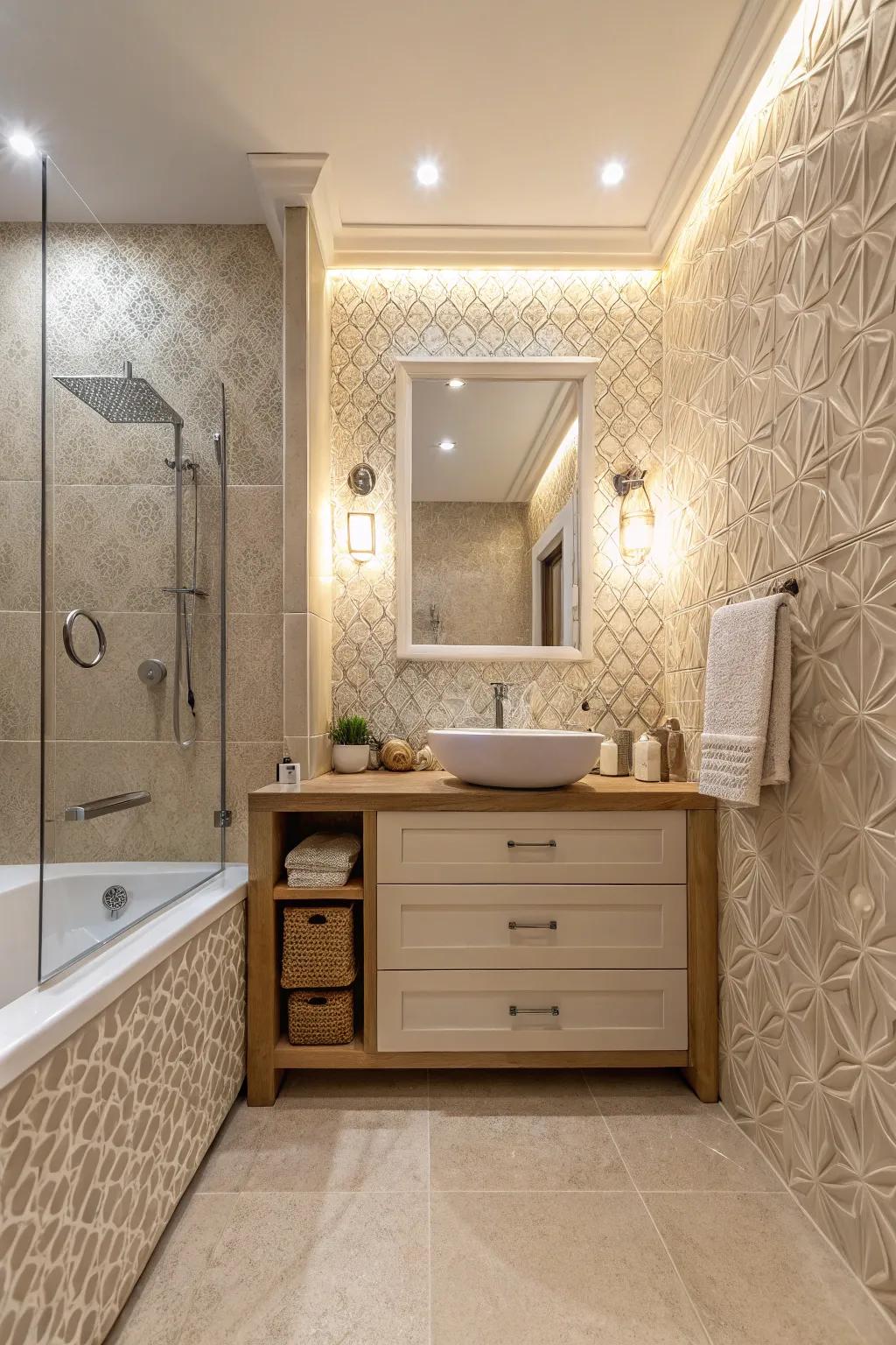 Structured tiles present an element of dimension to this cream bathroom.