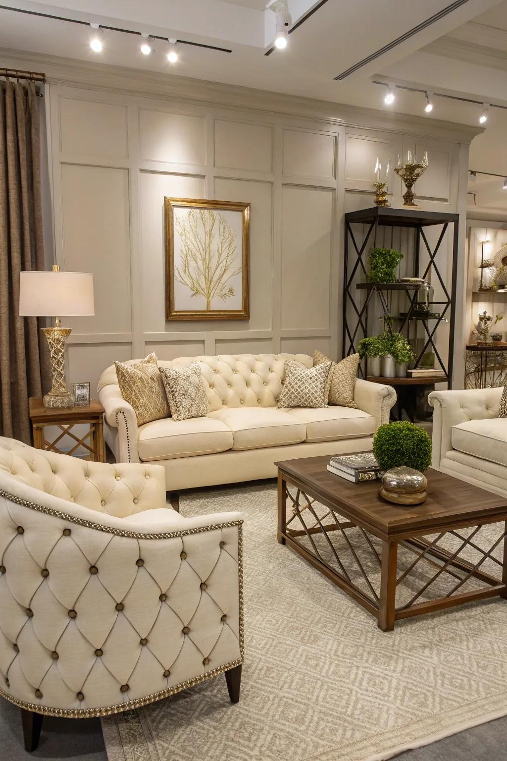 Elegant furniture enhances and complements the vanilla couch's appeal.