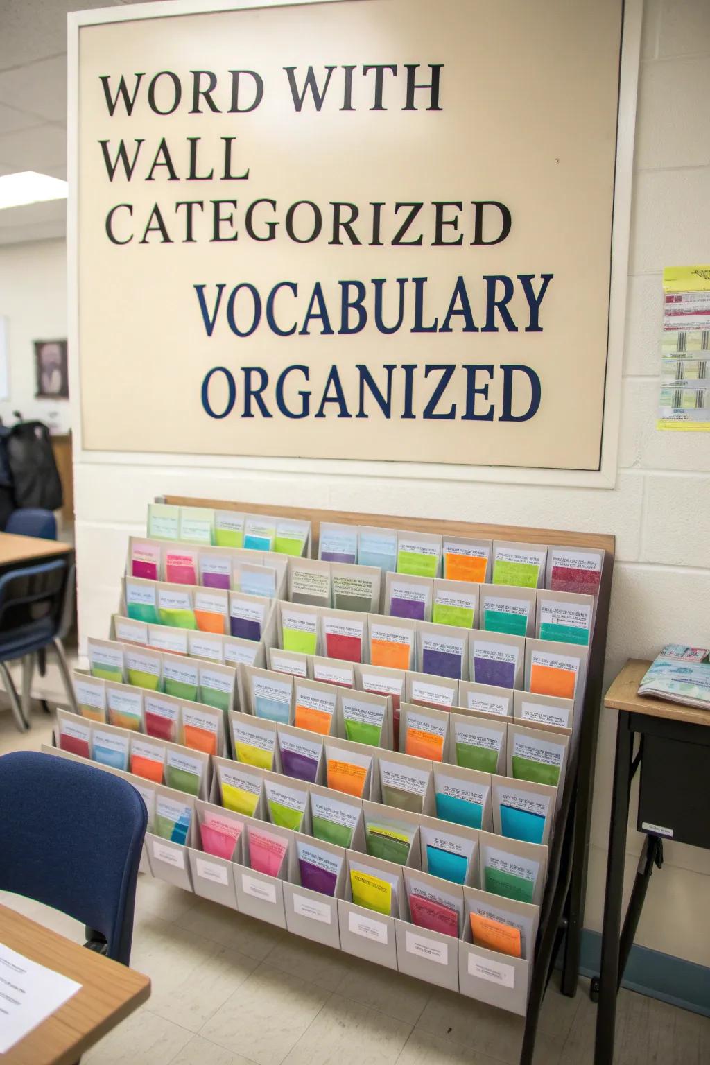 A neatly sorted word wall using alphabetically structured vocabulary
