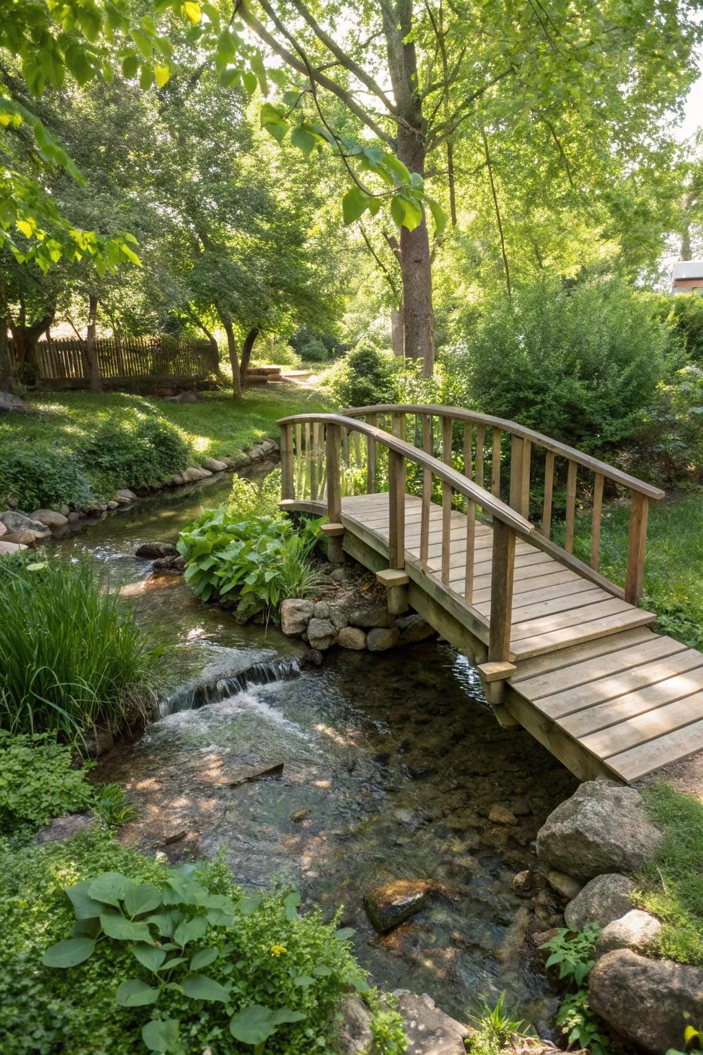 A petite footbridge introduces charm and utility to your streamside landscape.