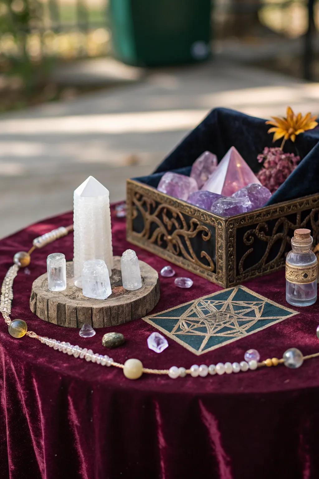 Lively textiles enhance the depth of this gemstone altar.