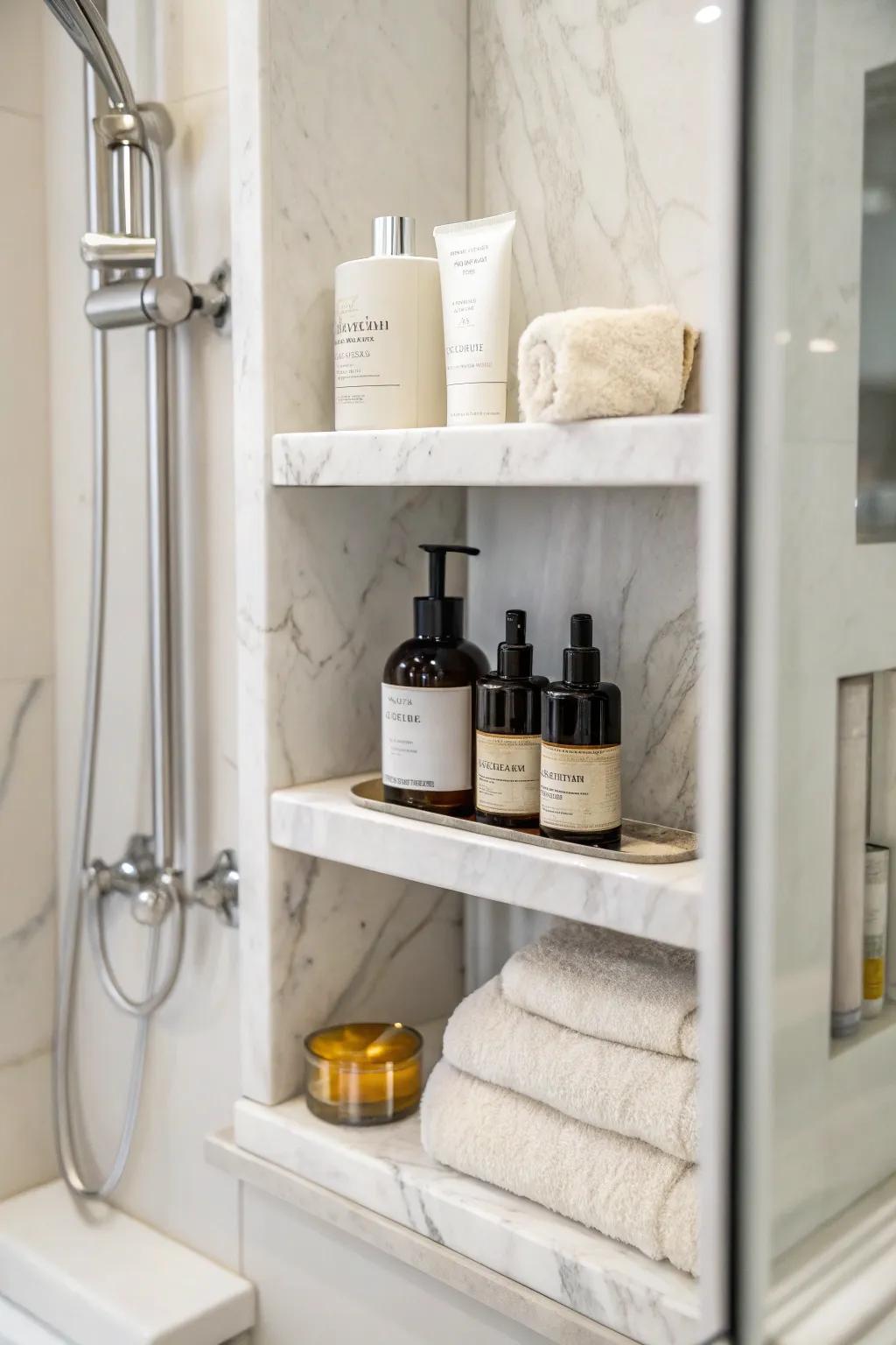 Integrated shelving provides practical storage solutions in manufactured stone showers.