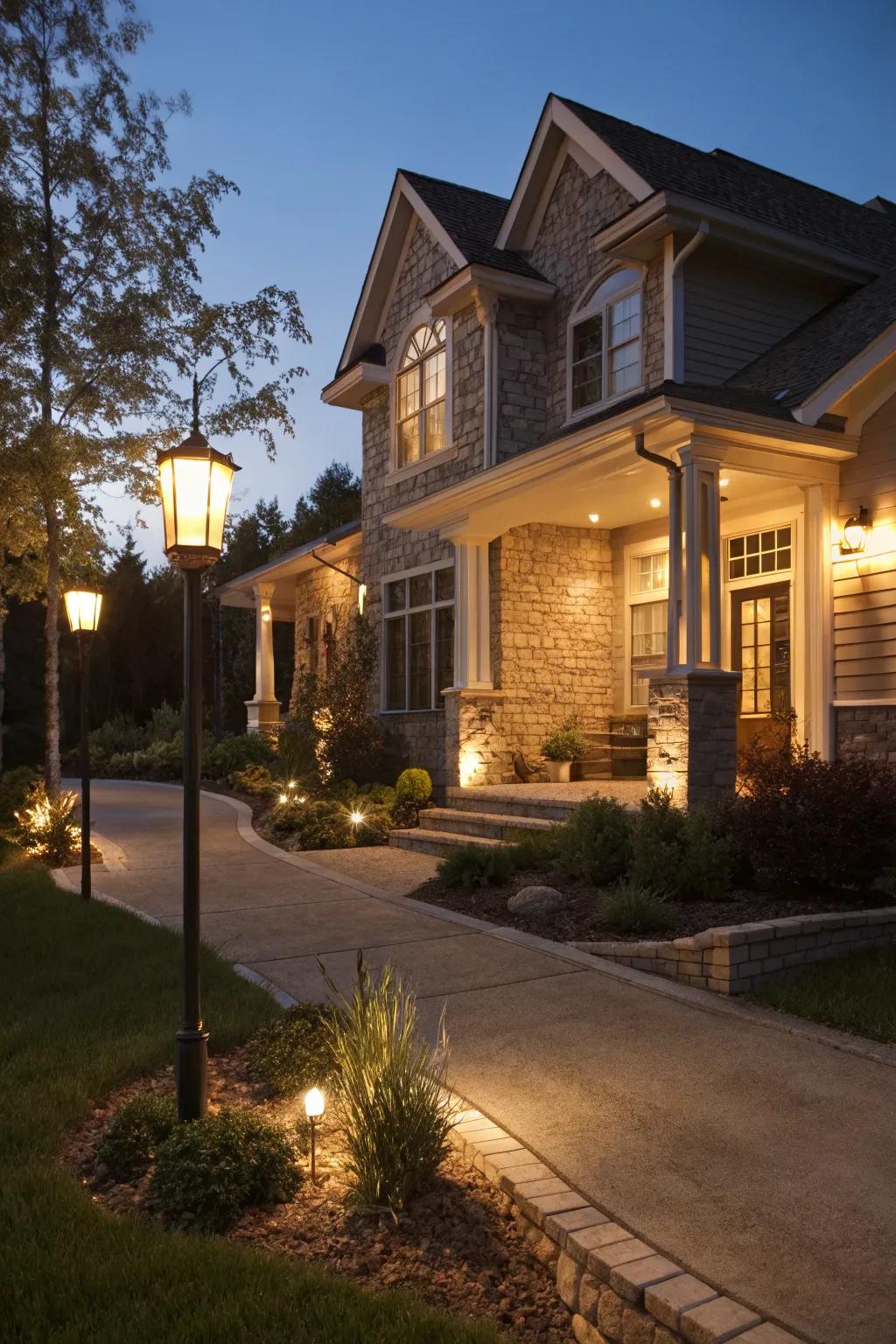 Ambient lighting highlights the home's architecture.