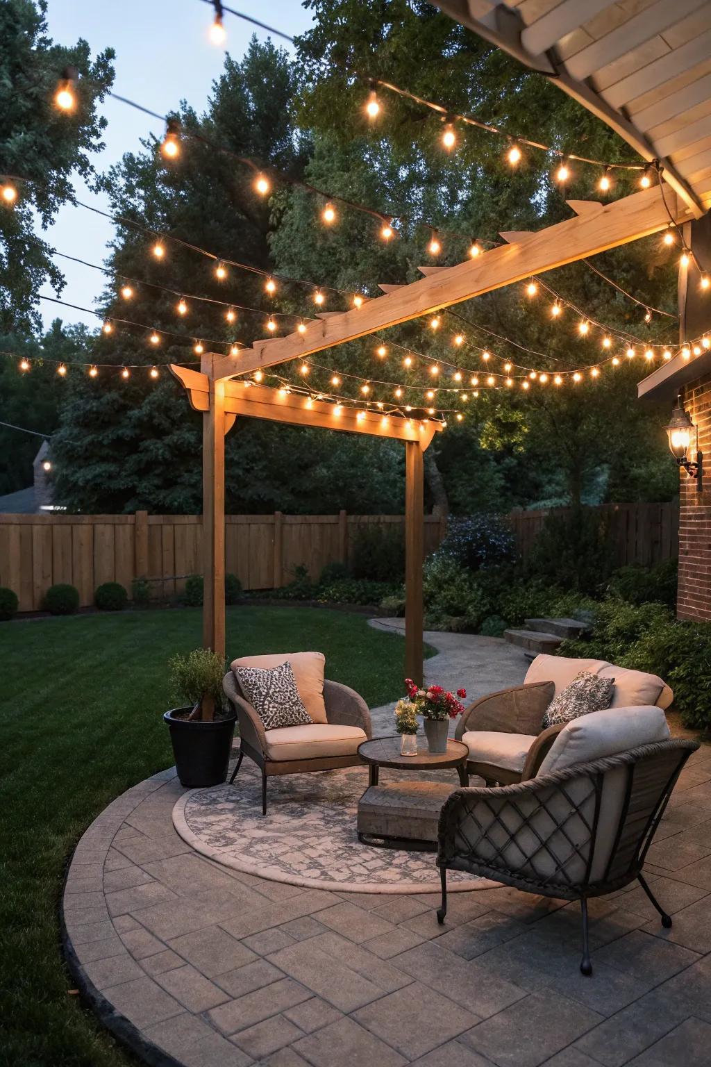 A pleasant patio lit up through hanging lights, making a warm and welcoming vibe.