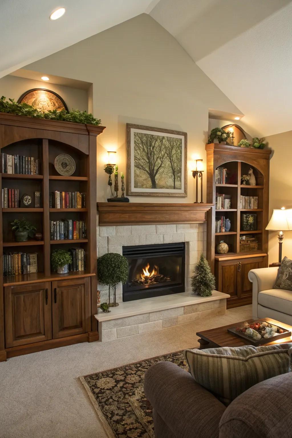 A fireplace featuring built-in racks that enhance both design and practicality.