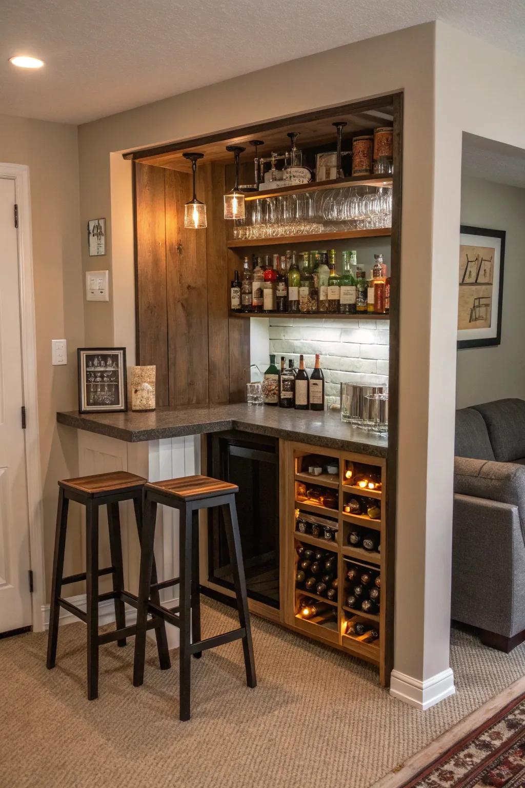 A compact home bar skillfully utilizing a limited space.