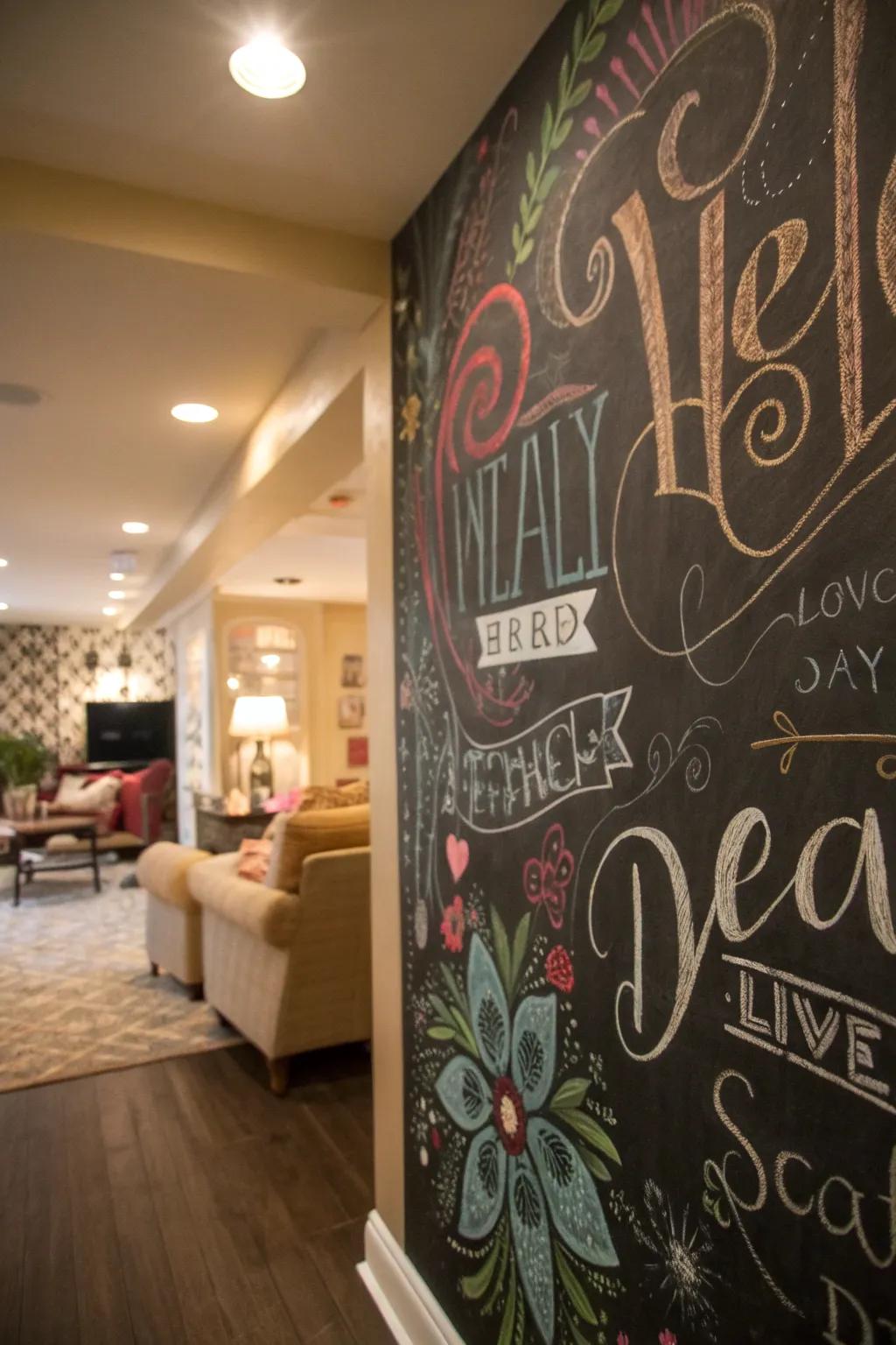 A bold and inspiring slate wall in the living area, perfect for ever-changing quotes.