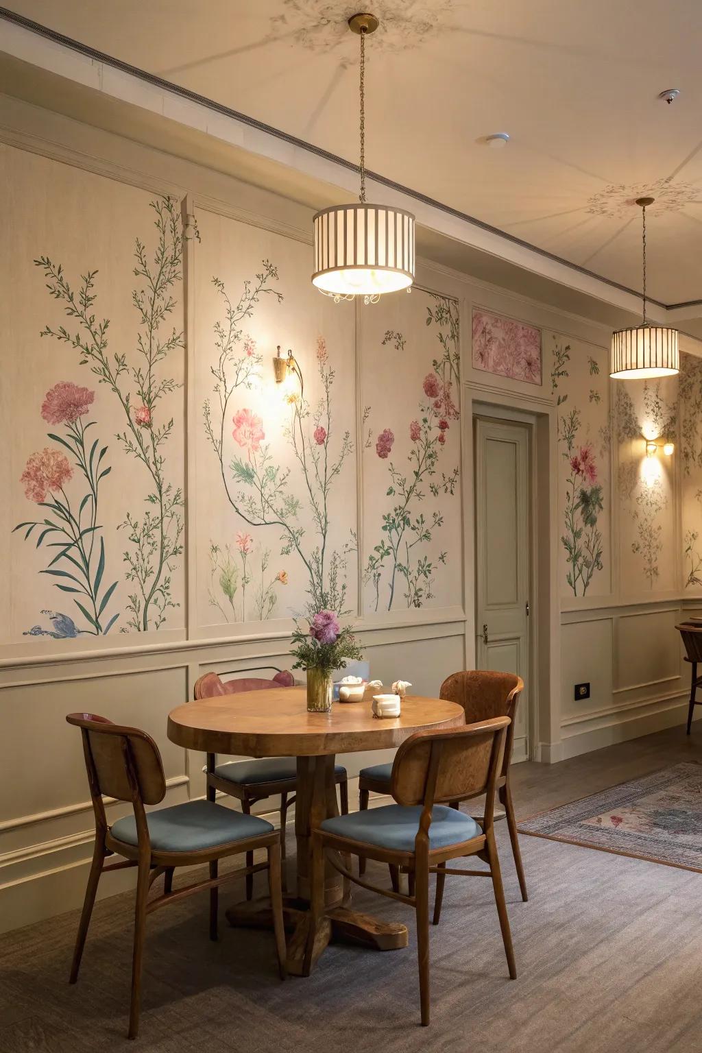 Pastel botanicals infusing tranquility into the dining space.