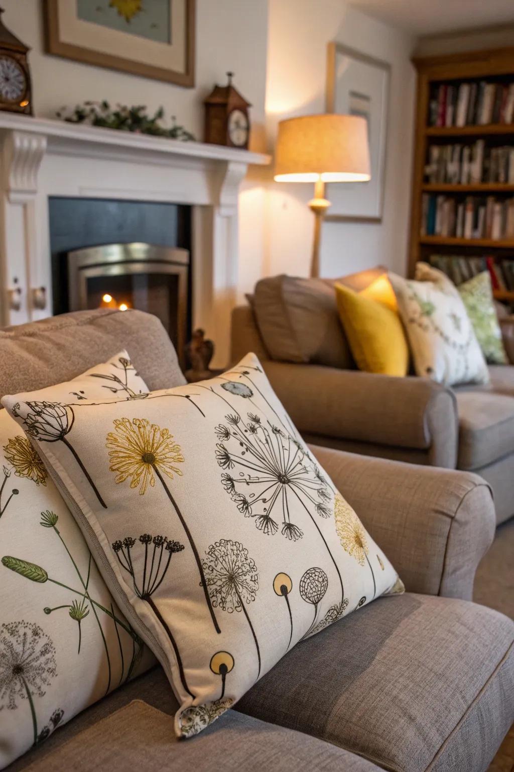 Playful dandelion cushions add a lighthearted touch to any space.