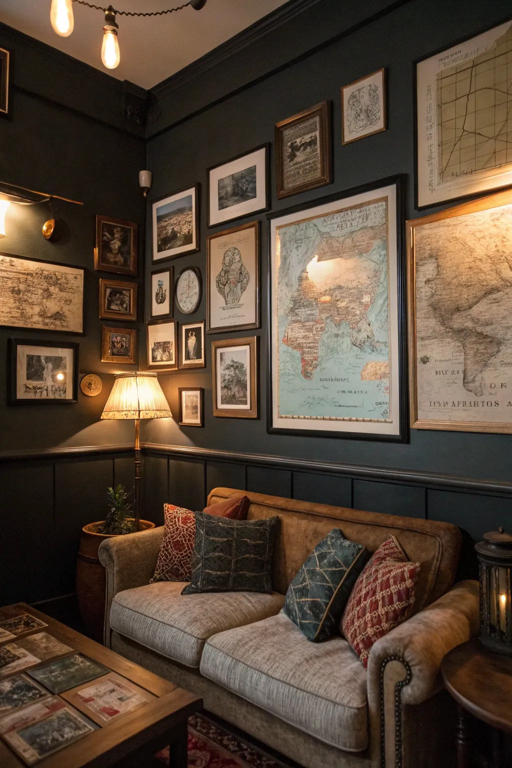 Vintage art pieces enrich dimension and individuality to the design.