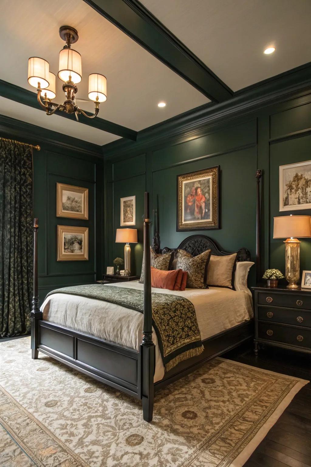 Deep green walls offset by charcoal trim result in a striking structural influence.