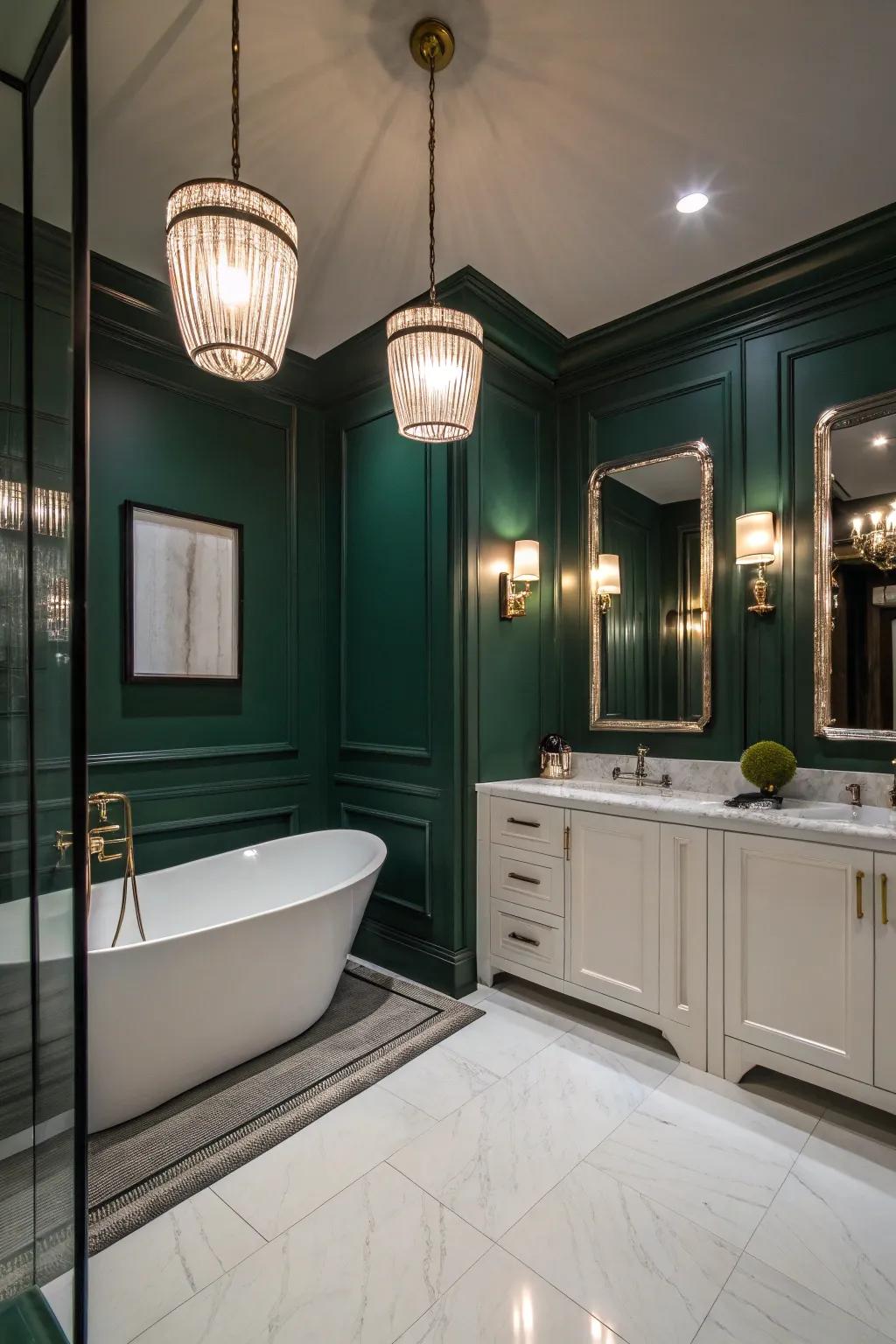 Statement lighting enhances the space's elegance.