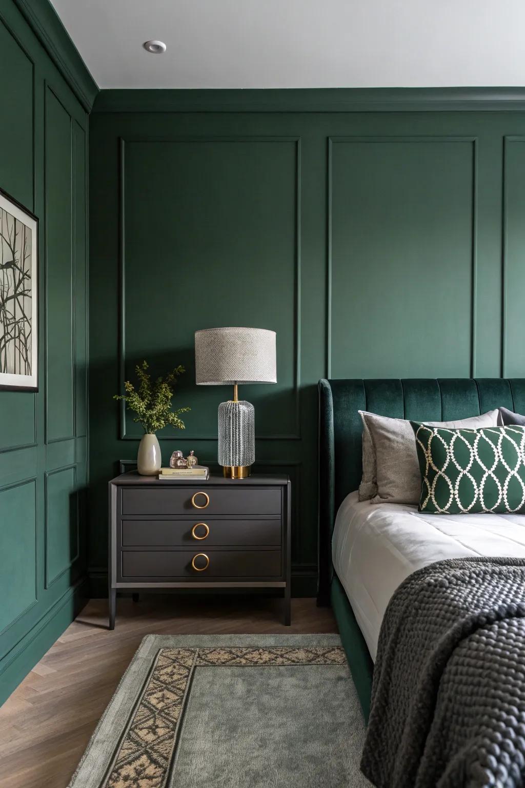 A minimalist shadowy jade bedroom with select statement decor pieces.