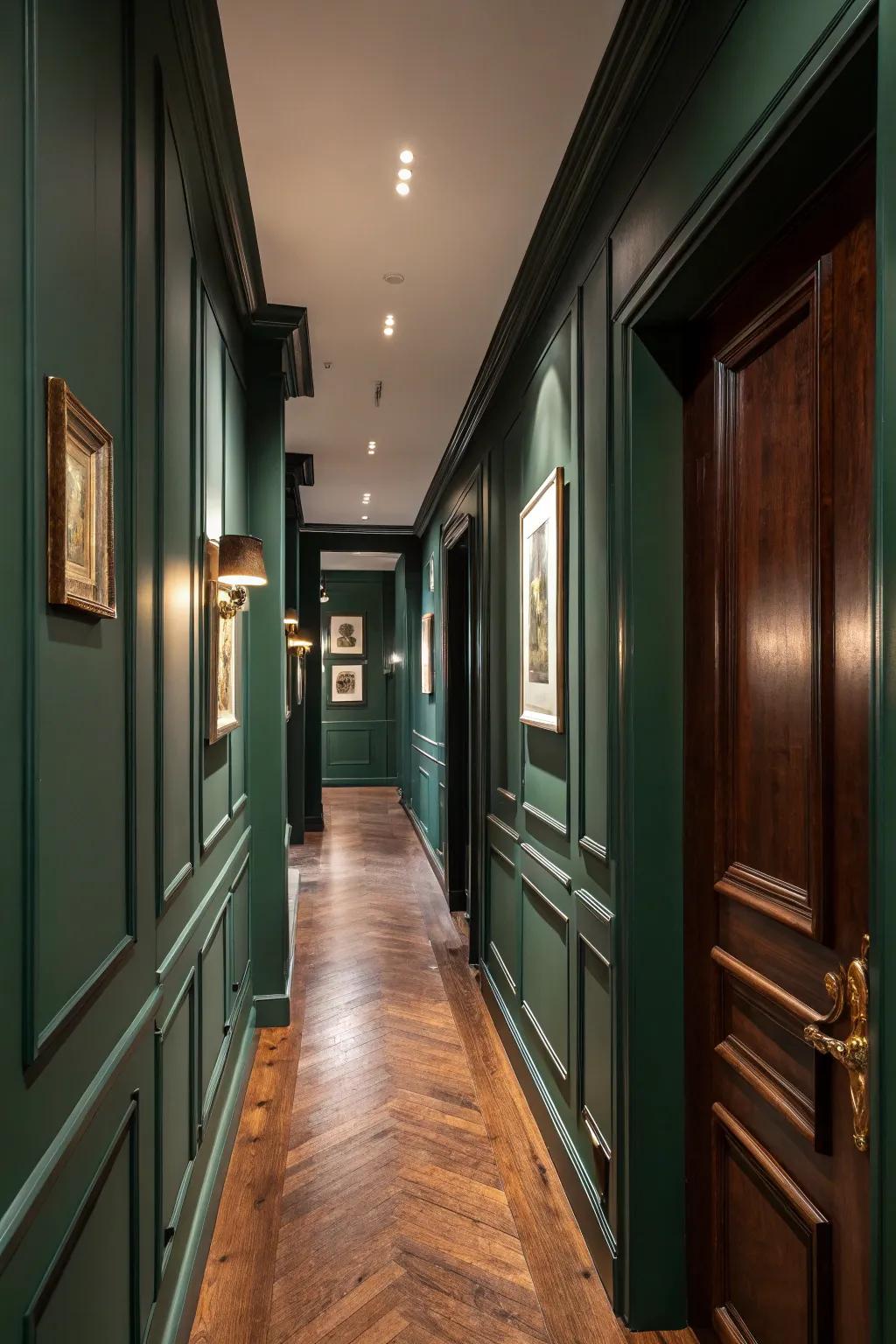 Wood floors impart warmth to the verdant hallway.